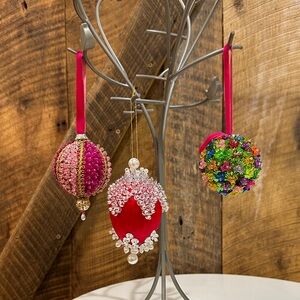 Lot of 3 Vintage Sequin Push Pin Beaded Handmade Christmas Ornaments